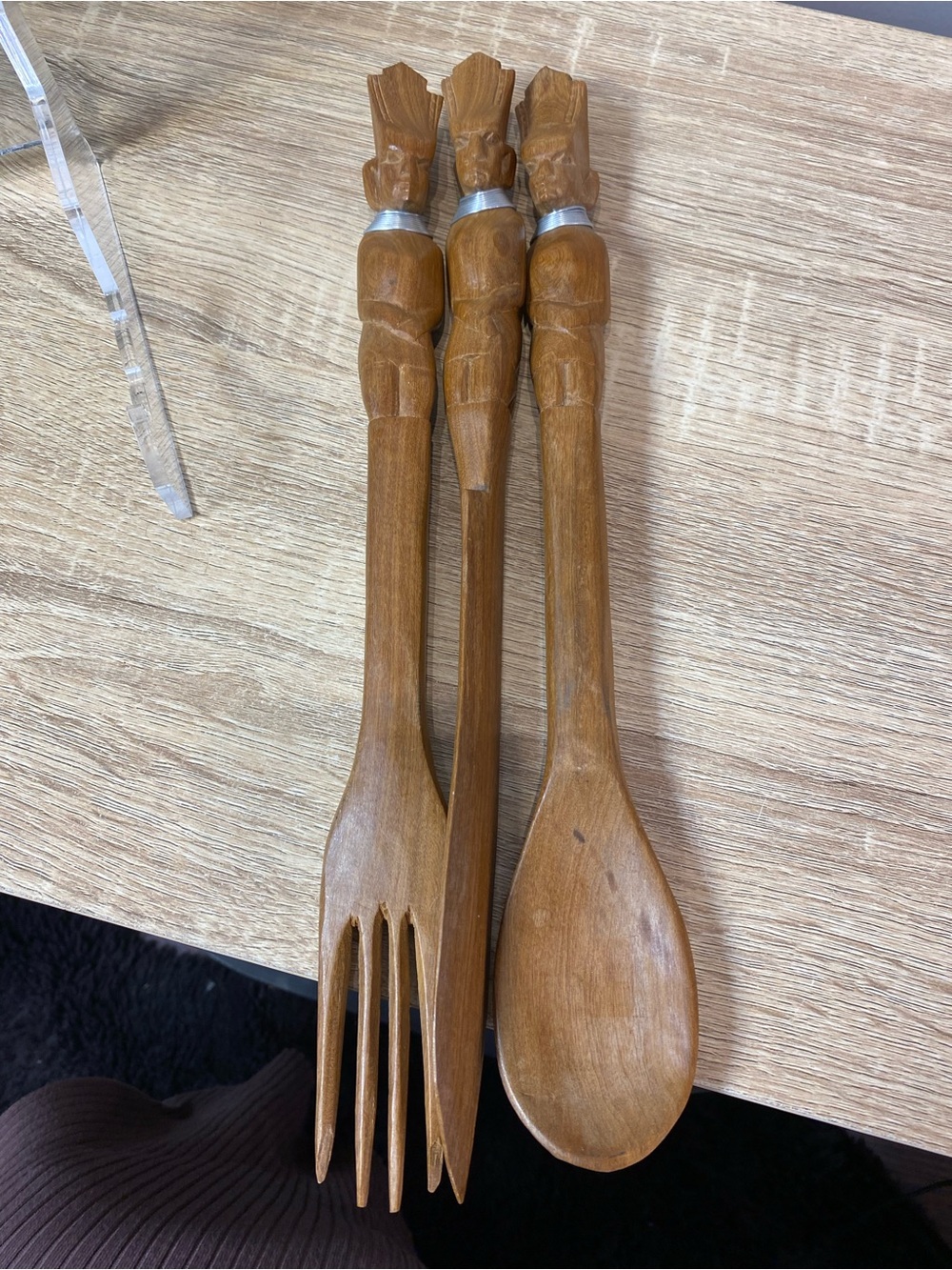 Vintage Tribal African DecorHand Cerved Wood Serving Utensil Fork Spoon Knife13”